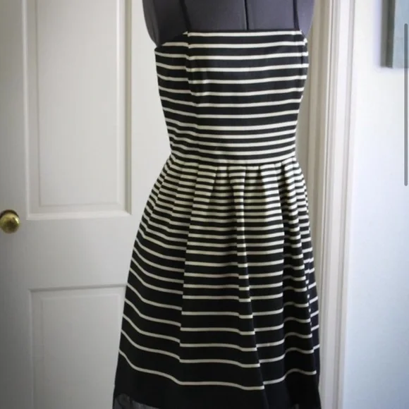 Feminine and Fabulous! Black and Ivory Striped Taylor Dress - Picture 2 of 11